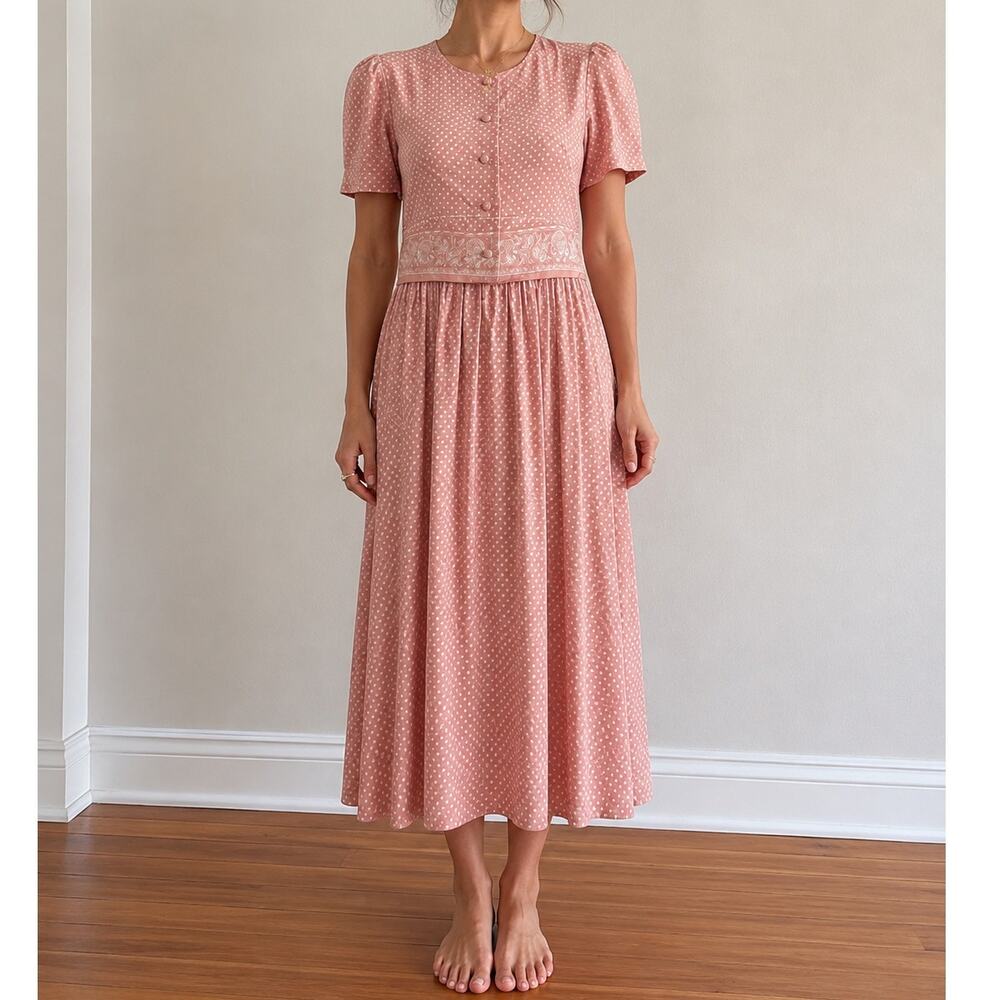 Vintage 90s Sunshine Starshine Pink Polka Dot Faux Two-Piece Maxi Dress Sz 10/M